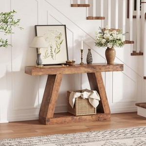 2-Tier Sofa Table with Open Storage Shelves,55"Industrial Wooden Entryway Table,Farmhouse Trapezium TV Console Furniture for Hallway,Porch,Corridor - 1 of 4