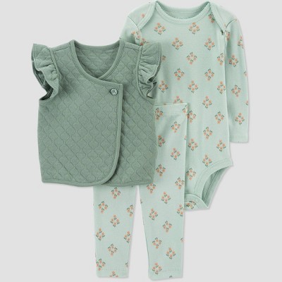 Image of Carter's Just One You® Baby Girls' Floral Vest Cardigan Set - Sage Green 6M