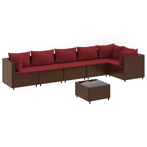 vidaXL Patio Lounge Set - 7 Piece Sectional Sofa with Cushions - Brown Poly Rattan Outdoor Furniture - Tempered Glass Table - Modular Design - 1 of 4