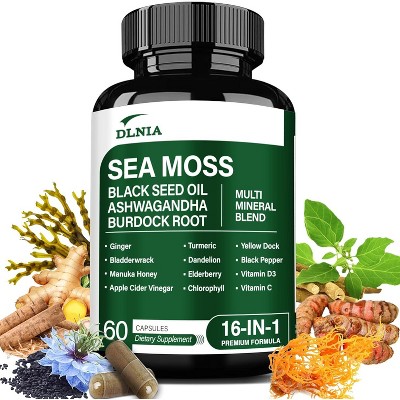 DLNIA 16-in-1 Organic Sea Moss Capsules with Ashwagandha, Black Seed Oil, Turmeric, Elderberry & Vitamin C & D3 – 60ct