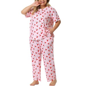 Agnes Orinda Women's Plus Size Short Sleeve Cherry Print Elastic Soft Pockets Pajama Set 2 Pcs - 1 of 4