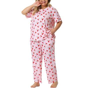 Agnes Orinda Women's Plus Size Short Sleeve Cherry Print Elastic Soft Pockets Pajama Set 2 Pcs