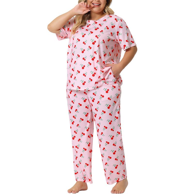 Agnes Orinda Women's Plus Size Short Sleeve Cherry Print Elastic Soft Pockets Pajama Set 2 Pcs, 1 of 6