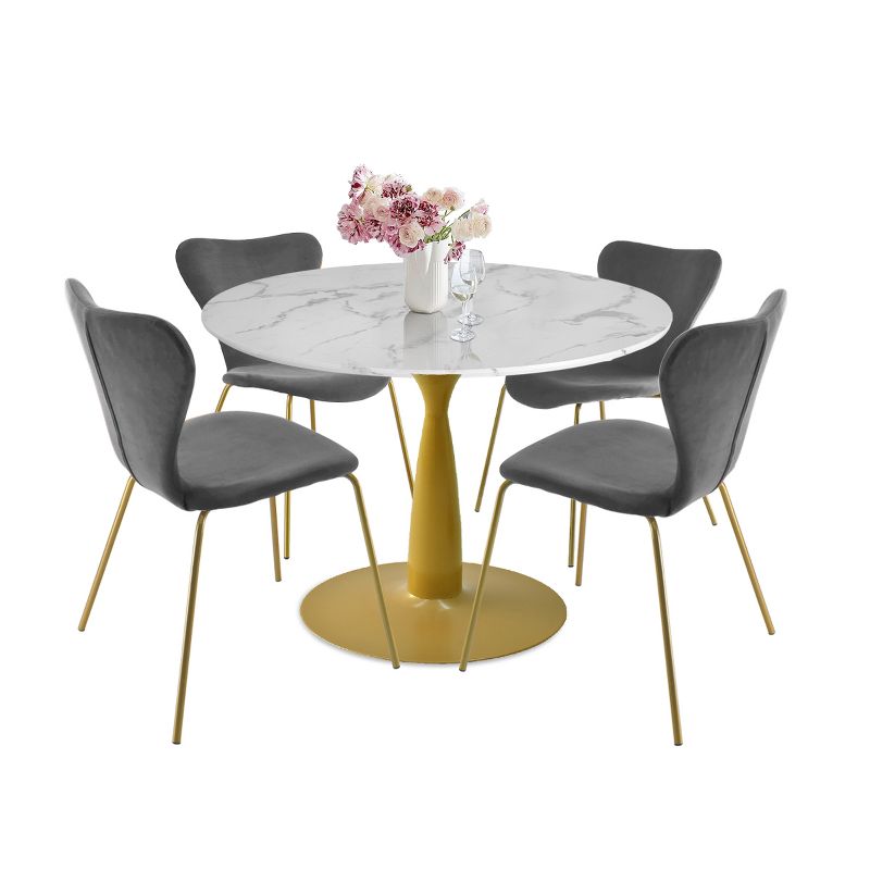 Harris+Flavia 5-Piece Round-Shaped Artificial Marble Dining Table Set With 4 Velvet Upholstered Chairs Gold Legs -The Pop Maison, 2 of 9