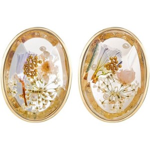 Springtime Captured Earrings - 925 Silver Oval Stud with Pressed Flowers & Pearl Dangle, 3D Art Jewelry - 1 of 4