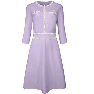 Hobemty Women's Elegant Office 3/4 Sleeve Tweed Trim Round Neck A-Line Dress - 1 of 4