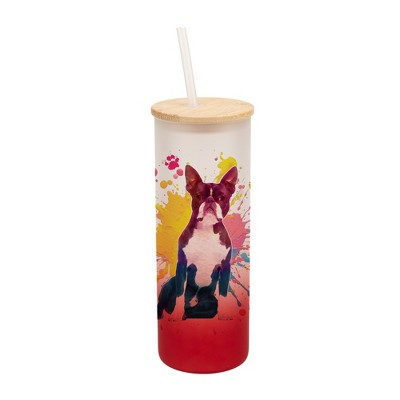 100 North 25 Ounce Frosted Glass Gradient Travel Tumbler With Straw & Wooden Lid, Boston Terrier Dog Paint Splatter Red