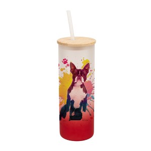 100 North 25 Ounce Frosted Glass Gradient Travel Tumbler With Straw & Wooden Lid, Boston Terrier Dog Paint Splatter Red - 1 of 4