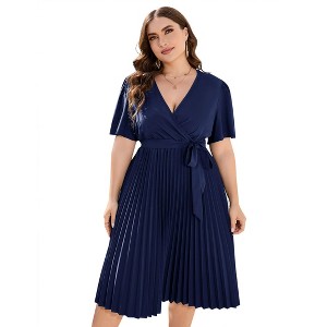 Plus Size Women's Pleated Midi Dress with Belt Flowy Casual Elegant Knee Length Dress for Work Summer - 1 of 4