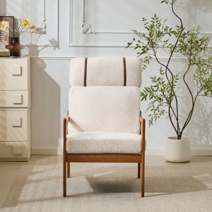 PAGED Modern Wooden Accent Chair, Boucle Fabric Arm Chair with High Back, Ergonomic Reading Chair for Bedroom, Living Room Furniture - 1 of 4