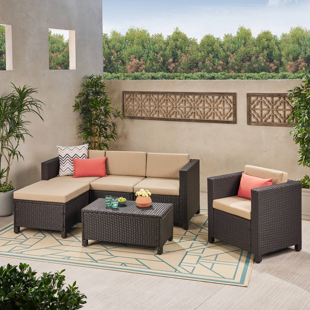 Puerta 6pc Wicker L Shaped Sectional Sofa Set Dark Brown Christopher Knight Home