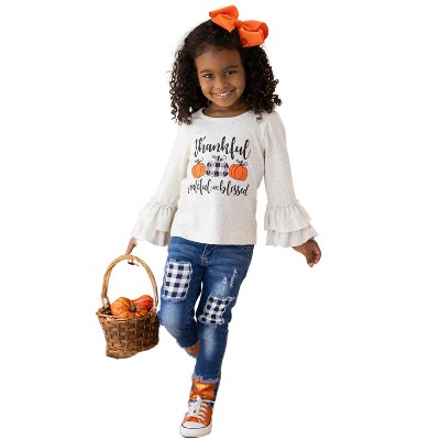 Girls Thankful, Grateful, And Blessed Sequin Patched Jeans Set Mia