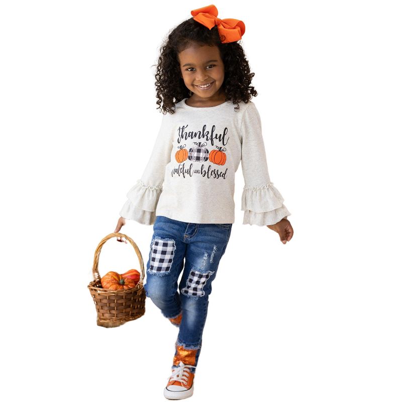 Girls Thankful, Grateful, and Blessed Sequin Patched Jeans Set - Mia Belle Girls, 1 of 8