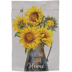 Slickblue "Welcome to Our Home" Flag – Milk Can Filled with Yellow Sunflowers, Bumblebee Detail, 18" x 12.5" - 1 of 4