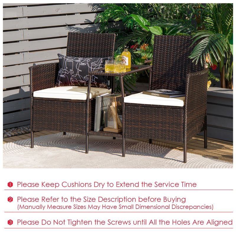 Costway Patio Rattan Wicker Conversation Set Sofa Cushioned Loveseat Glass Table, 5 of 9