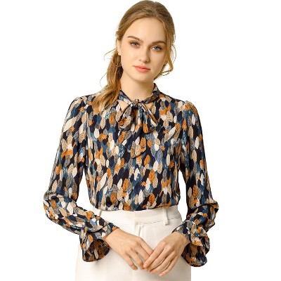 Allegra K Women's Floral Tie V Neck Chiffon Ruffle Trumpet Sleeve Blouse