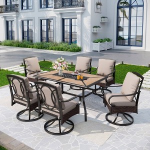 7pc Outdoor Dining Set with Swivel Chairs with Seat & Back Cushions & Faux Wood Table with Metal Frame & Umbrella Hole - Captiva Designs - 1 of 4
