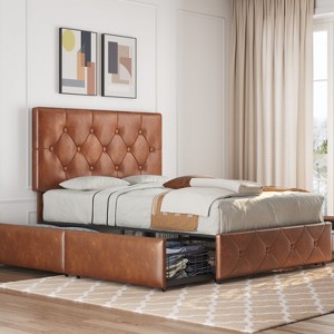 Yaheetech Upholstered Faux Leather Bed Frame with Adjustable Headboard - 1 of 4