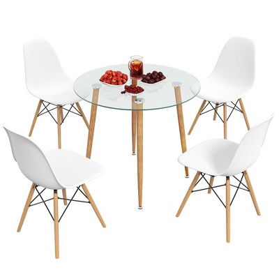 Tangkula 5 PCS Dining Table Set Tempered Glass Table 4 Chairs w/ Beech Wood Leg Kitchen