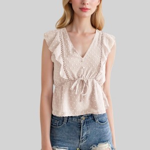 Anna-Kaci Women's Swiss Dot Sleeveless Top with Ruffle Trim and Tie Waist - 1 of 4