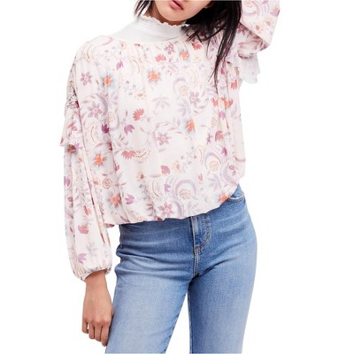 Free People Womens Wildflower Honey Floral Knit Blouse, Off-White, Small