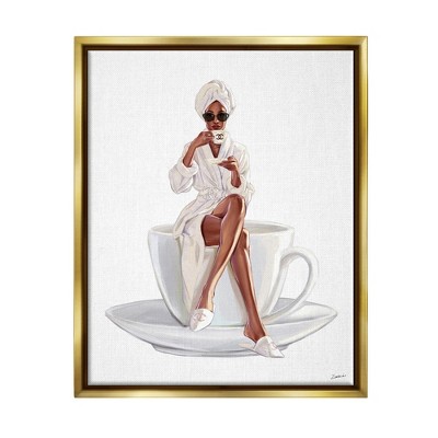 Stupell Industries Chic Coffee Teacup Woman Sipping Robe Sunglasses