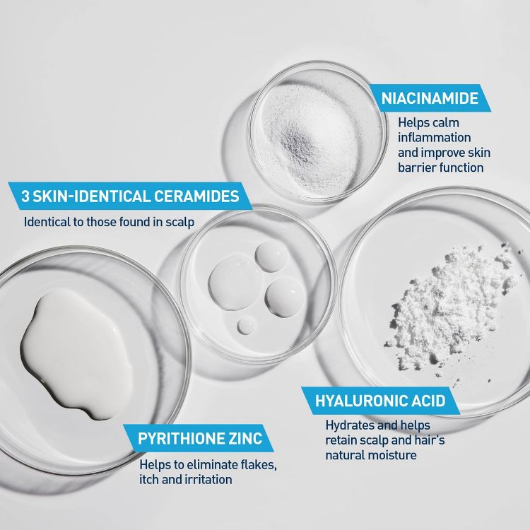 Four petri dishes containing different substances are labeled with text highlighting ingredients: "3 Skin-Identical Ceramides," "Niacinamide," "Pyrithione Zinc," and "Hyaluronic Acid."