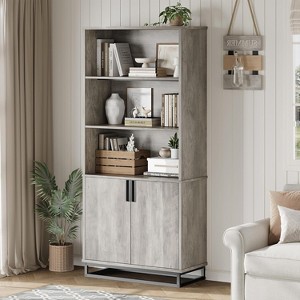 70.6" Tall Bookshelf with Doors – Farmhouse 5-Tier Bookcase with Cabinet & Adjustable Shelves, Wood Storage Book Shelf for Living Room, Home Office - 1 of 4