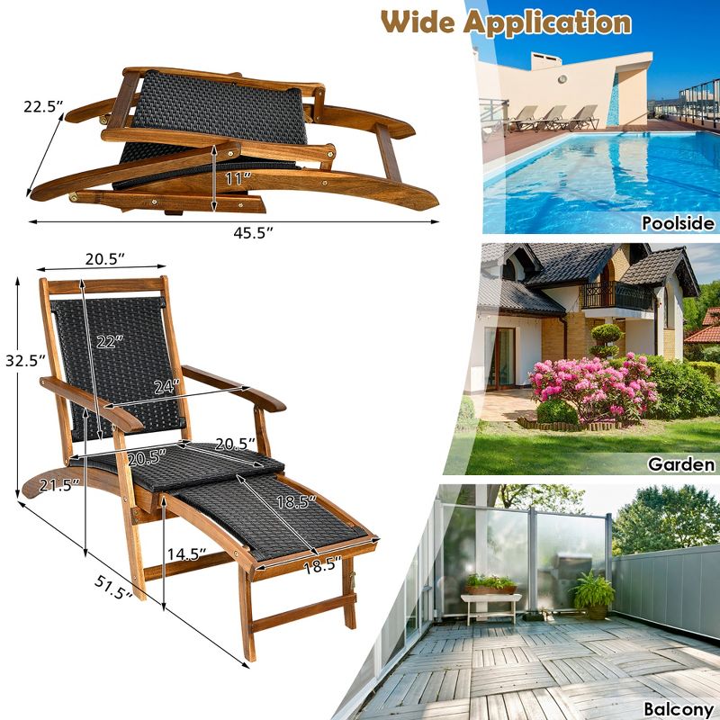 Costway  Patio Folding Rattan Lounge Chair Wooden Frame W/ Retractable Footrest, 3 of 9