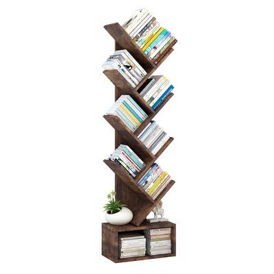8-Tier Tree Bookshelf with Storage, Wooden Floor Standing Bookcase Storage Rack Utility Organizer Shelves, Rustic Brown