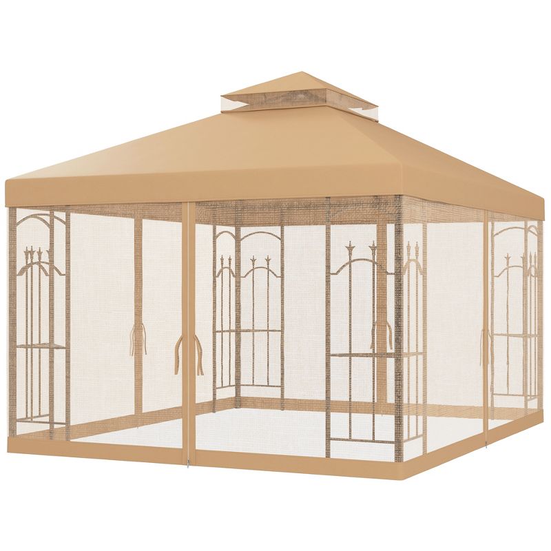 Outsunny 141.7" x 118.1" Steel Outdoor Patio Gazebo Canopy with Removable Mesh Curtains, Display Shelves, & Steel Frame, Brown, 4 of 7