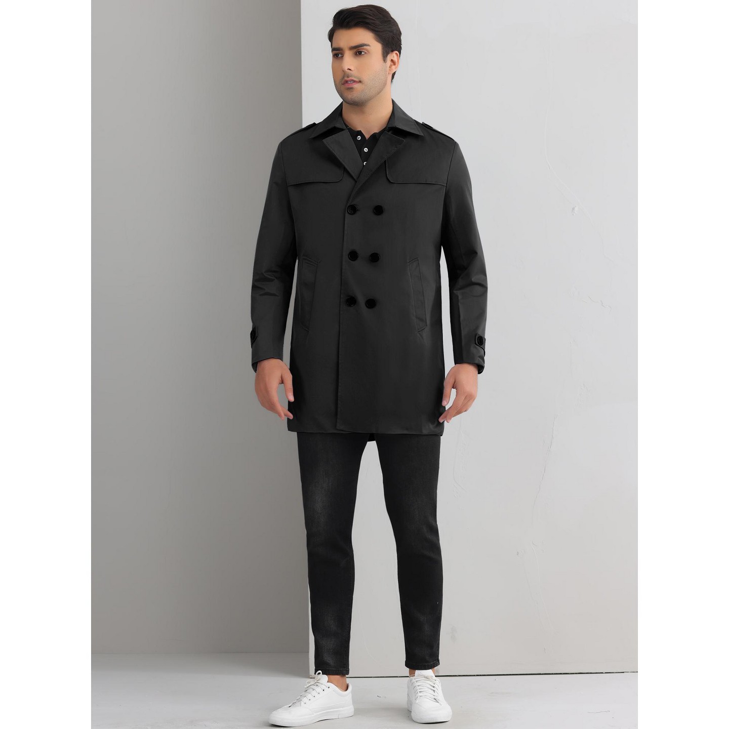 Мужская куртка INSPIRE CHIC Notch Lapel Double Breasted Windbreaker Trench Coat Black, цвет: Чёрный — фото 2