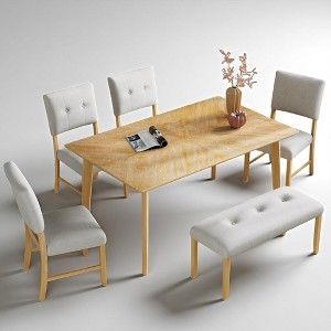 6 Piece Dining Table Set with Bench and Upholstered Chairs, Rectangular Wood Table Set for 6, Kitchen & Dining Room Furniture, Easy Assembly - 1 of 4