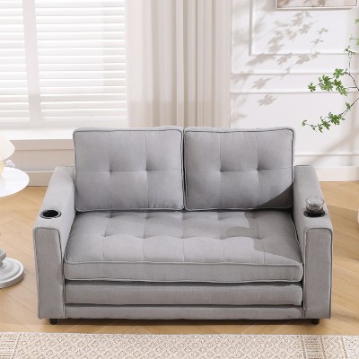NicBex 3-in-1 Upholstered Convertible Sleeper Chair, Pull-out Sofa Bed with Cup Holder Design,Couches with Side Pockets for Living Room,Light Gray