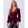 INSPIRE CHIC Women's Velvet Elegant Tie Waist Long Sleeve V Neck Wrap Peplum Blouse - 4 of 4