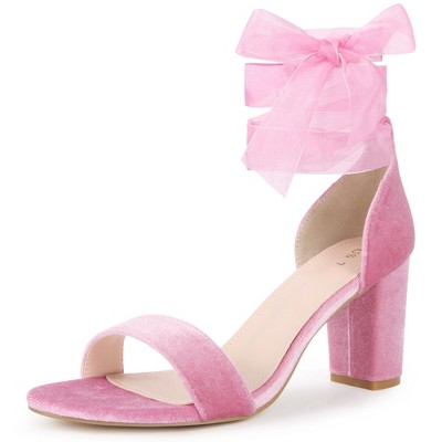 BLISSFUL STEP Women's Ankle Tie Chunky Heel Velvet Sandals