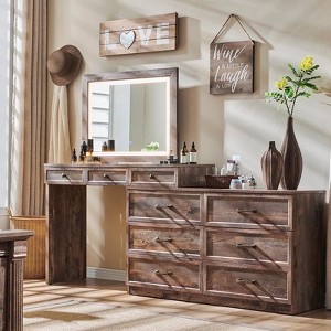 Mastgoal 69" W Big Vanity Desk with Glass Top, Farmhouse Makeup Table with 9 Large Storage Drawers, 3 Color Available Light & 30" HD Led Mirror - 1 of 4