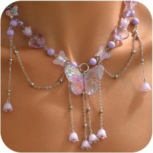 Y2K Butterfly Choker Necklace | Layered Purple Beaded Fairy Gift - 1 of 4