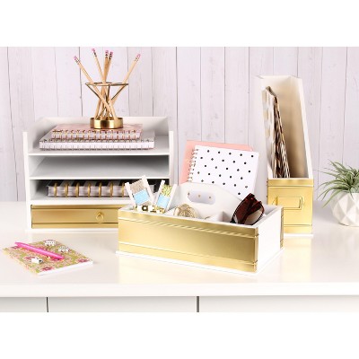 White and Gold Wood Letter Tray with Drawer