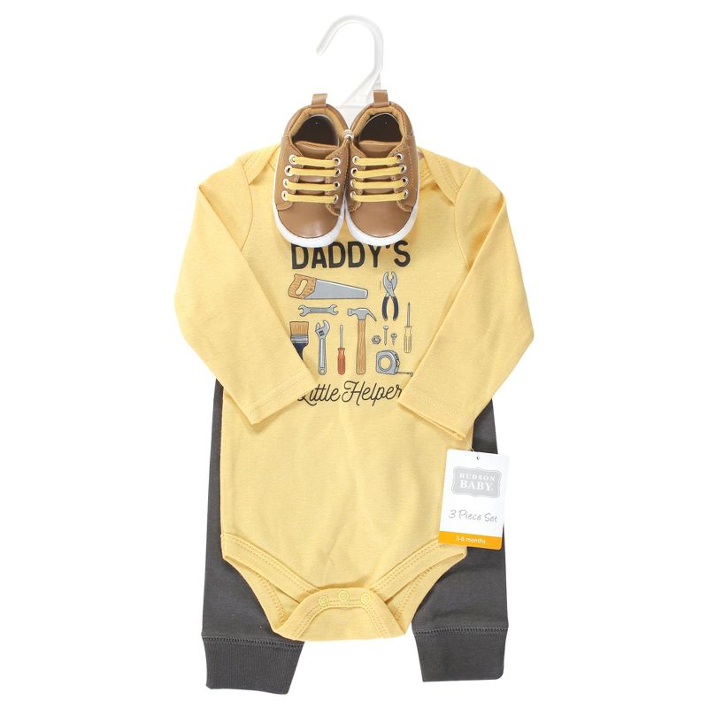 Hudson Baby Infant Boy Cotton Bodysuit, Pant and Shoe Set, Construction Work Long Sleeve, 2 of 6