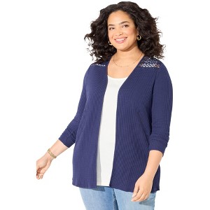 Catherines Women's Plus Size Waffle Knit Lace Back Cardigan - 1 of 4