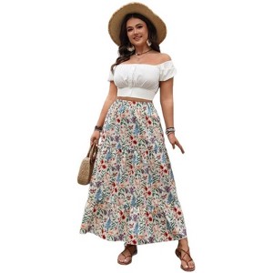 Coolmee Plus Size Women's Boho Floral Print Long Skirt Shirring Pleated Skirts High Waisted A Line Midi Skirts - 1 of 4