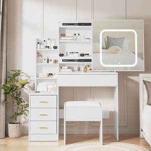 Makeup Vanity Desk with Sliding Lighted Mirror, Charging Station, Dressing Table with 4 Drawers, Storage Shelves & Cushioned Stool - 1 of 4
