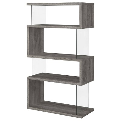 Zigzag Contemporary 63" Gray Wood Bookcase with Glass Panels