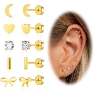 Screw Back Earrings for Women,14K Gold Flat Back Stud Earrings Hypoallergenic Surgical Steel Small CZ Stud Heart Bar Bow Cartilage - 1 of 4