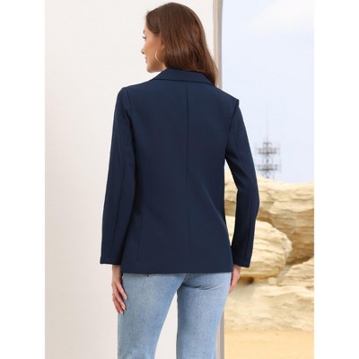 Женские куртки INSPIRE CHIC Women's Notched Lapel Single Breasted Long Sleeve Straight Lined Suit Jacket Blazer Medium Dark Blue — фото 3
