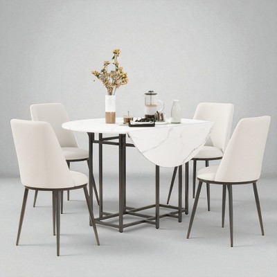 Space-Saving 5-Piece Round Extendable Dining Table Set with Faux Marble Top, Drop Leaves, 4 Upholstered Chairs, Modern Small Kitchen Furniture