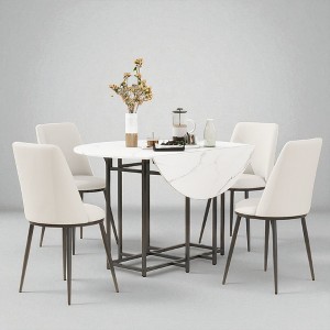 Space-Saving 5-Piece Round Extendable Dining Table Set with Faux Marble Top, Drop Leaves, 4 Upholstered Chairs, Modern Small Kitchen Furniture - 1 of 4