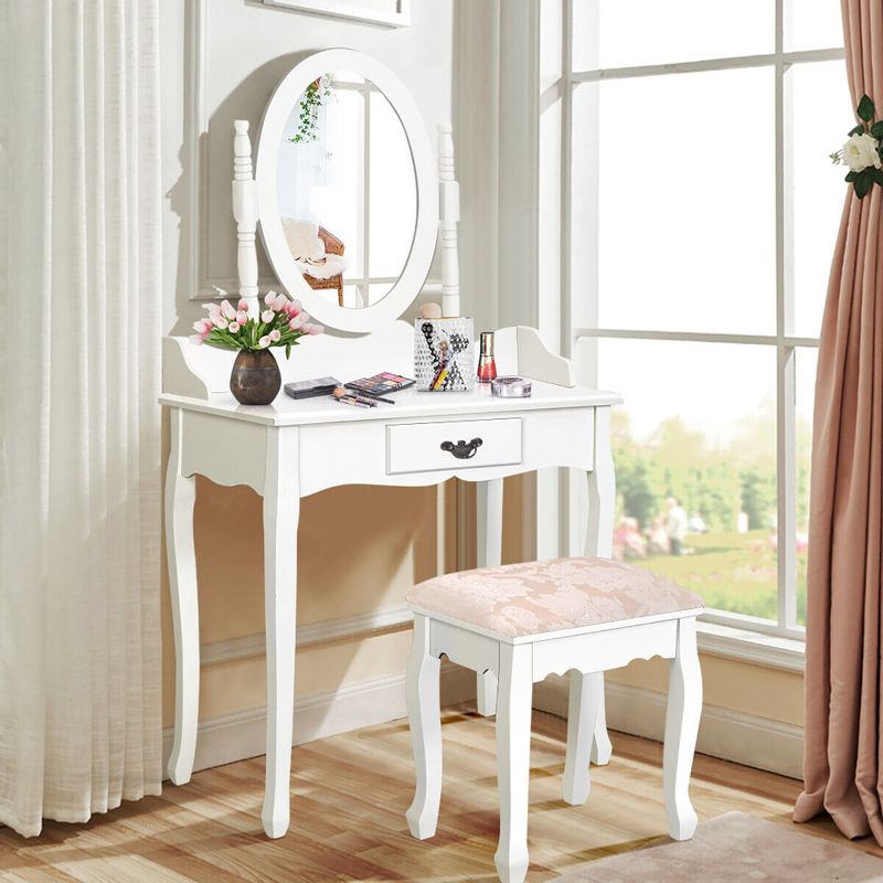 Tangkula Bathroom Vanity Wood Makeup Dressing Table Stool Set Jewelry Desk W/Drawer &Mirror White, 2 of 11