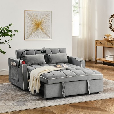 55.51 inch Velvet Versatile Foldable Sofa Bed in 3 Lengths with Adjustable Back, USB port and Swivel Phone Stand -  Maison Boucle